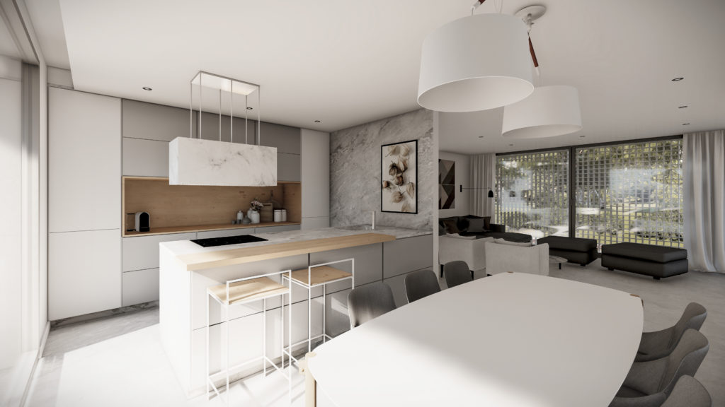 Vivienda. Cocina abierta con isla y salón comedor